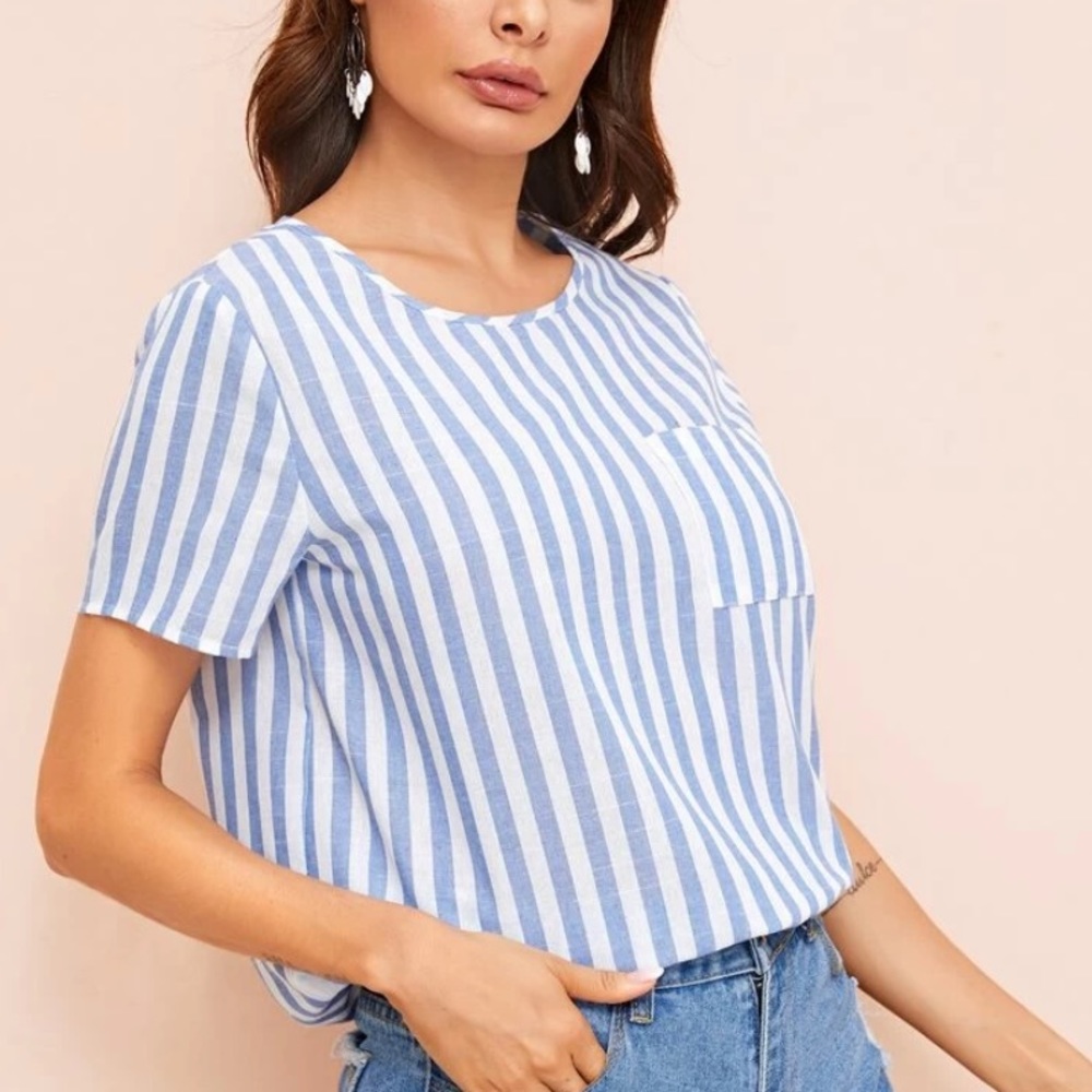 46. NEW| SHEIN Women’s Striped Nautical Back Button Blouse - Picture 4 of 5